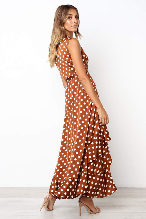Dresses Sexy V Neck Women's Dress Fashion Dot Ruffles Casual Midi Dress Female Irregular Lace Up Sleeveless Dress AwsomU
