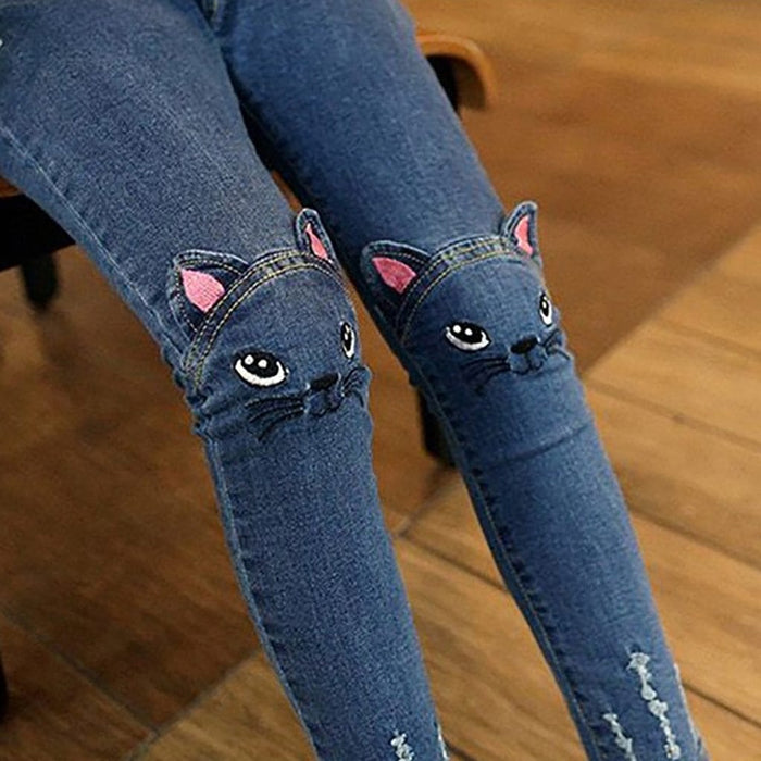 Girl's Jeans Spring and Fall Casual Kids Cute Cat Design Kids Jeans Trousers For Girls Jeans Pants Children's Clothing Pants AwsomU