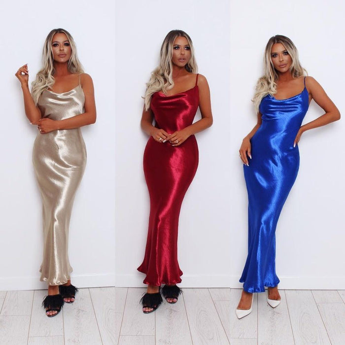Dresses Sexy Spaghetti Strap Backless Summer Dress Women Satin Lace Up Trumpet Long Dress Elegant Bodycon Party Dresses AwsomU