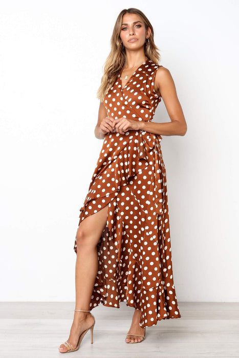 Dresses Sexy V Neck Women's Dress Fashion Dot Ruffles Casual Midi Dress Female Irregular Lace Up Sleeveless Dress AwsomU