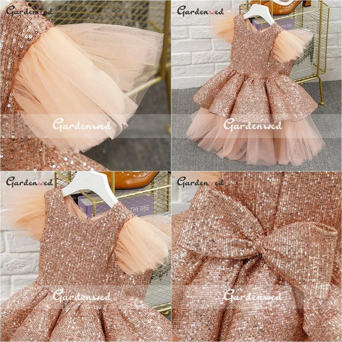 Girl's Dresses Girl's Glitter Sequin Celebrity Dresses Sequin Bow Tulle Layer Flower Girls Dresses AwsomU
