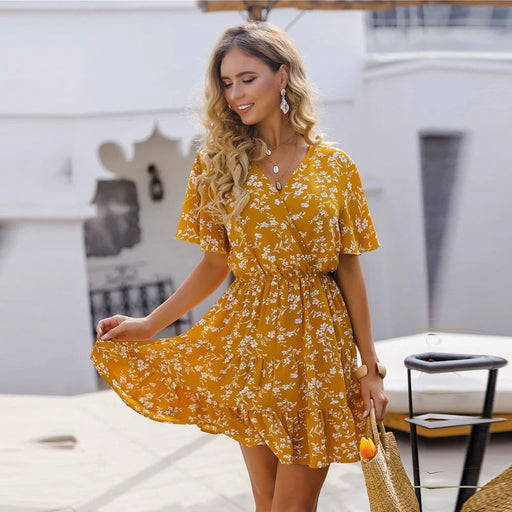 Dresses Ladies Short Floral Print Summer Dress Women Butterfly Sleeve Casual Ruffles Party Beach Mini Women Dress AwsomU