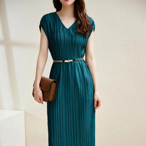 Dresses Mid length V neck pleated dress new style fashion temperament sleeveless lace up casual dress AwsomU