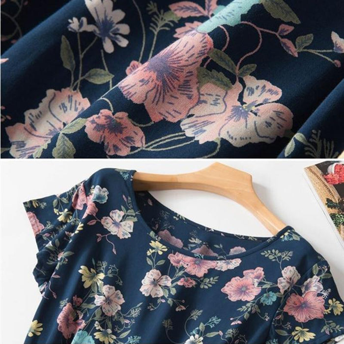 Dresses Mid length floral dress female retro high waist big swing print dress AwsomU