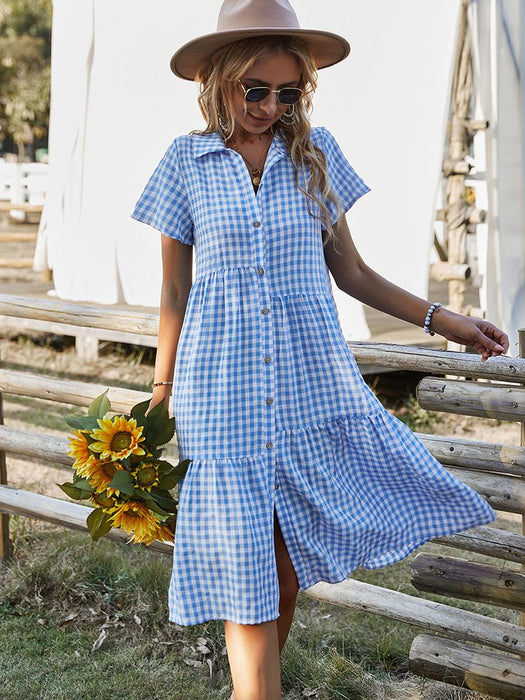 Dresses New Ladies Vintage Boho Summer Dress Women Midi Casual Loose Holiday Plaid Beach Shirt Dress Women Sundress AwsomU