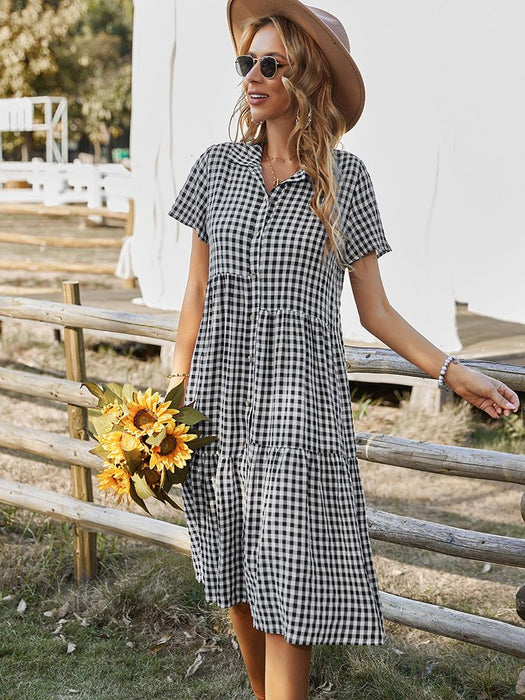 Dresses New Ladies Vintage Boho Summer Dress Women Midi Casual Loose Holiday Plaid Beach Shirt Dress Women Sundress AwsomU