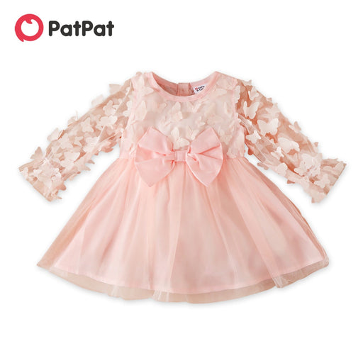 Girl's Dresses Summer Baby Girl 3D Butterfly Appliques Pink Long sleeve Mesh Party Dress AwsomU