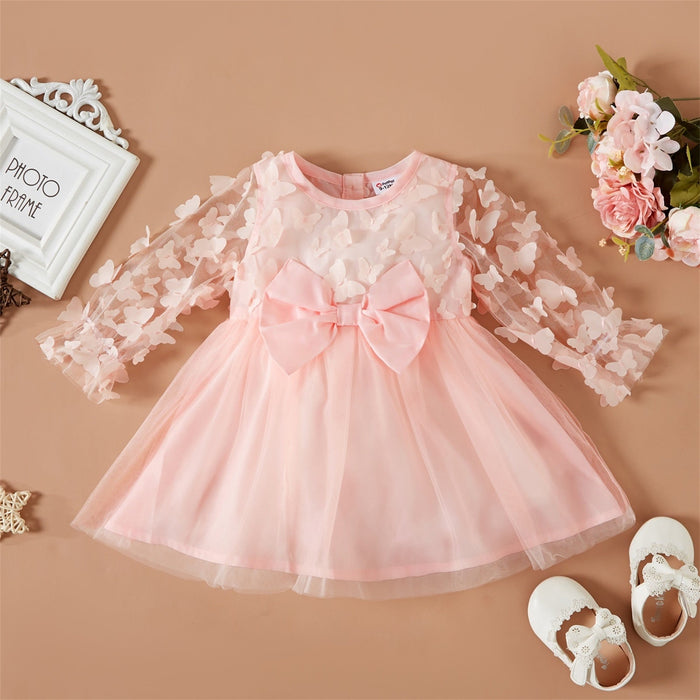Summer Baby Girl 3D Butterfly Appliques Pink Long sleeve Mesh Party Dress