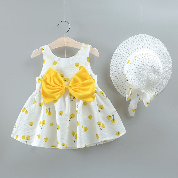 Girl's Dresses New Summer 2 piece Baby and Toddler Fruit Apple Cherry Allover Bow Decorative Sleeveless Dress and Hat Set AwsomU