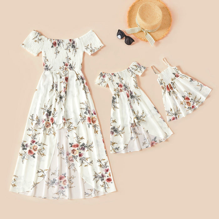 Girl's Dresses New Summer Floral Print White Matching Maxi Romper Dresses for Mommy and Me Matching Family Outfits AwsomU