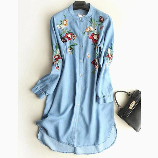 Dresses Plus Size M 5XL Fall Casual Dress Elegant Embroidery Long Sleeve O Neck Loose Denim Dress AwsomU