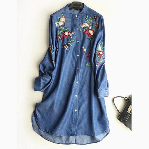 Dresses Plus Size M 5XL Fall Casual Dress Elegant Embroidery Long Sleeve O Neck Loose Denim Dress AwsomU