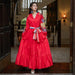 Dresses Runway Indie Folk Peacock Embroidery Red Christmas Dress Women's V Neck Lantern Sleeve High Waist Bow Scarf Cotton Long Dresses AwsomU