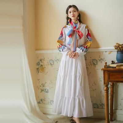 Dresses Runway Indie Folk Peacock Embroidery Red Christmas Dress Women's V Neck Lantern Sleeve High Waist Bow Scarf Cotton Long Dresses AwsomU