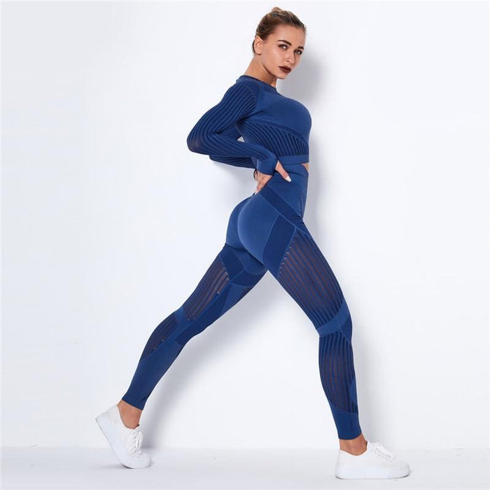Women's Two Piece Suit Sexy Slim Mesh Yoga Suit Seamless Quick Dry Sports Yoga Suit Striped Long Sleeve Bubble Butt Leggings Gym Fitness Running Suit AwsomU