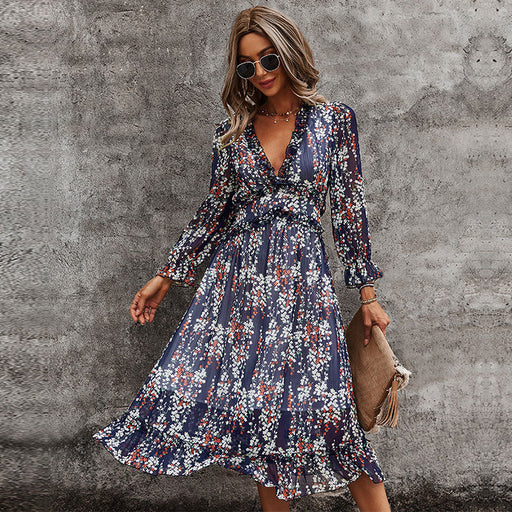 Dresses Sexy V Neck Floral Dress Ladies 2022 New Butterfly Sleeve High Waist Casual Print Dresses For Women Summer Chiffon Dress AwsomU