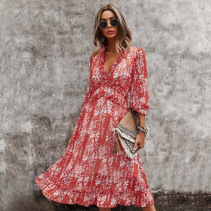 Dresses Sexy V Neck Floral Dress Ladies 2022 New Butterfly Sleeve High Waist Casual Print Dresses For Women Summer Chiffon Dress AwsomU