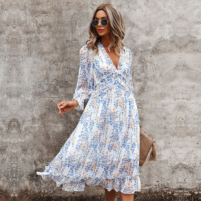 Floral Dresses Casual Elegant  Chiffon Dress Butterfly Sleeve