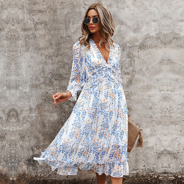 Dresses Sexy V Neck Floral Dress Ladies 2022 New Butterfly Sleeve High Waist Casual Print Dresses For Women Summer Chiffon Dress AwsomU