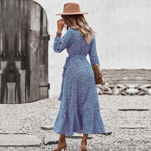 Dresses Spring Summer Long Bandage Print Dress For Women 2022 New V Neck Full Sleeve Hight Waist Winter Maxi Dresses Ladies Elegant Dresses AwsomU