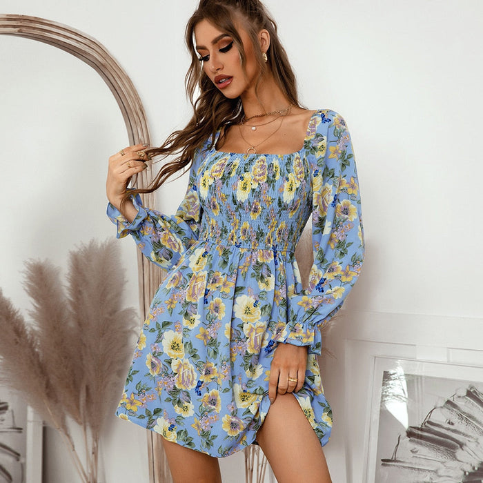 Dresses Spring Summer Short Floral Dress For Women Casual 2022 New Full Sleeve Square Collar Ladies High Waist Print Vintage Dresses AwsomU