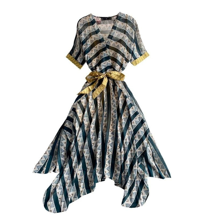 Dresses Travel Vestidos Female Seaside Vacation Bohemia V neck Chiffon Striped Midi Dress AwsomU