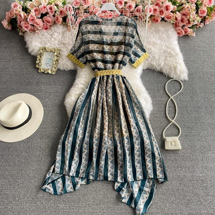 Dresses Travel Vestidos Female Seaside Vacation Bohemia V neck Chiffon Striped Midi Dress AwsomU