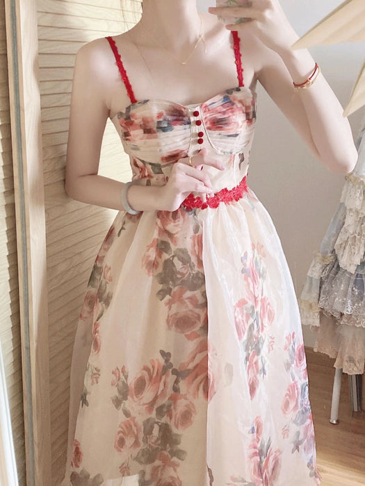 Dresses Summer Floral Print Casual Midi Strap Womens Dress Elegant Sleeveless AwsomU