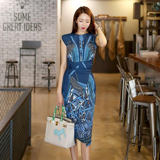 Dresses Sleeveless Tie Bow Office Dress Fashion Women O Neck Printing Bodycon Slim Sheath Work Dress AwsomU