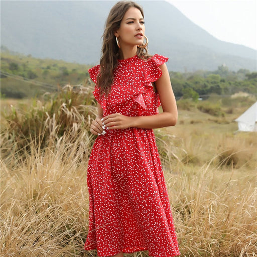 Dresses Summer Ladies Elegant Dot Print Chic Dress Women 2022 Casual Butterfly Sleeve Ruffles Medium Long Chiffon Dress AwsomU