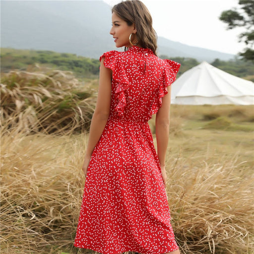 Dresses Summer Ladies Elegant Dot Print Chic Dress Women 2022 Casual Butterfly Sleeve Ruffles Medium Long Chiffon Dress AwsomU