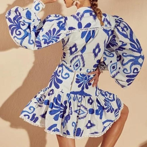 Women's Two Piece Suit Bowknot Print Hit Color Elegant Two Piece Set For Women Lapel Collar Puff Sleeve Shirt High Waist Skirt Female Suit Dress Suits AwsomU