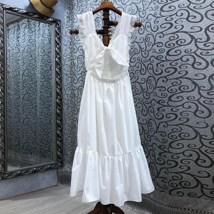 Dresses Elegant Dress For Women V Neck Short Sleeve High Waist Lace Up Bowknot Patchwork Ruffle Dresses Female Summer Dresses AwsomU