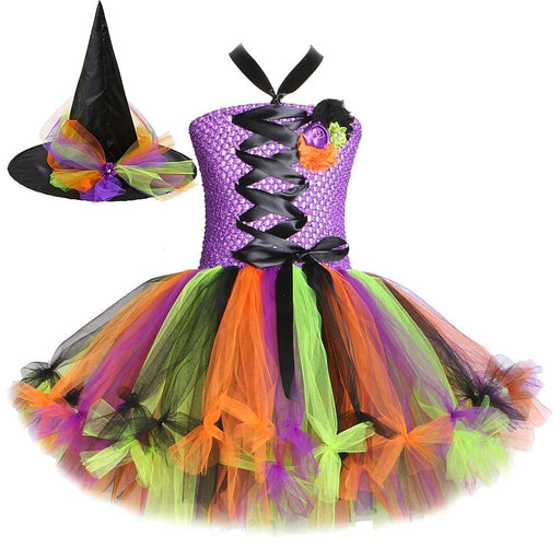 Party Costume Witch Halloween Costumes for Girls Kids Sorceress Tutu Dress with Hat AwsomU