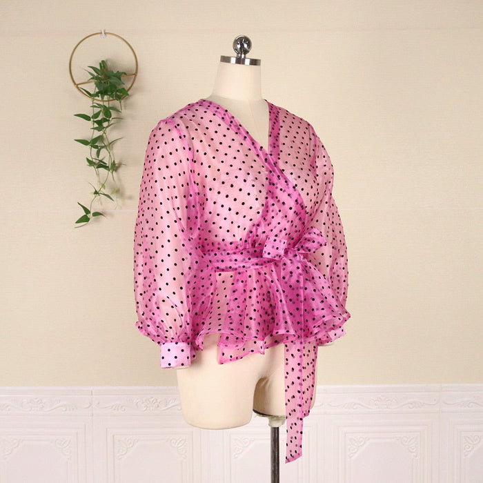 Tops & Blouses Women Blouse Polka Dot V Neck Shirt Tops Lantern Sleeve Peplum Transparent Female Elegant Spring Summer Classy Lady Fashion Blouse AwsomU