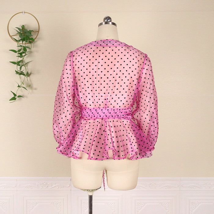 Tops & Blouses Women Blouse Polka Dot V Neck Shirt Tops Lantern Sleeve Peplum Transparent Female Elegant Spring Summer Classy Lady Fashion Blouse AwsomU
