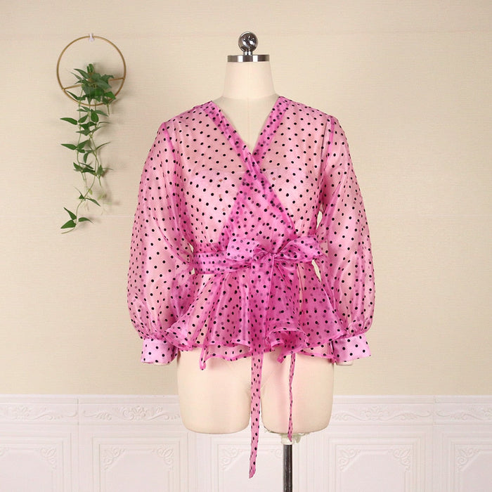 Tops & Blouses Women Blouse Polka Dot V Neck Shirt Tops Lantern Sleeve Peplum Transparent Female Elegant Spring Summer Classy Lady Fashion Blouse AwsomU
