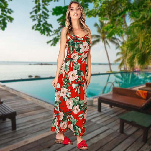 Dresses Women Boho Long Dress Flower Print Elegant Sleeveless Maxi Dress AwsomU