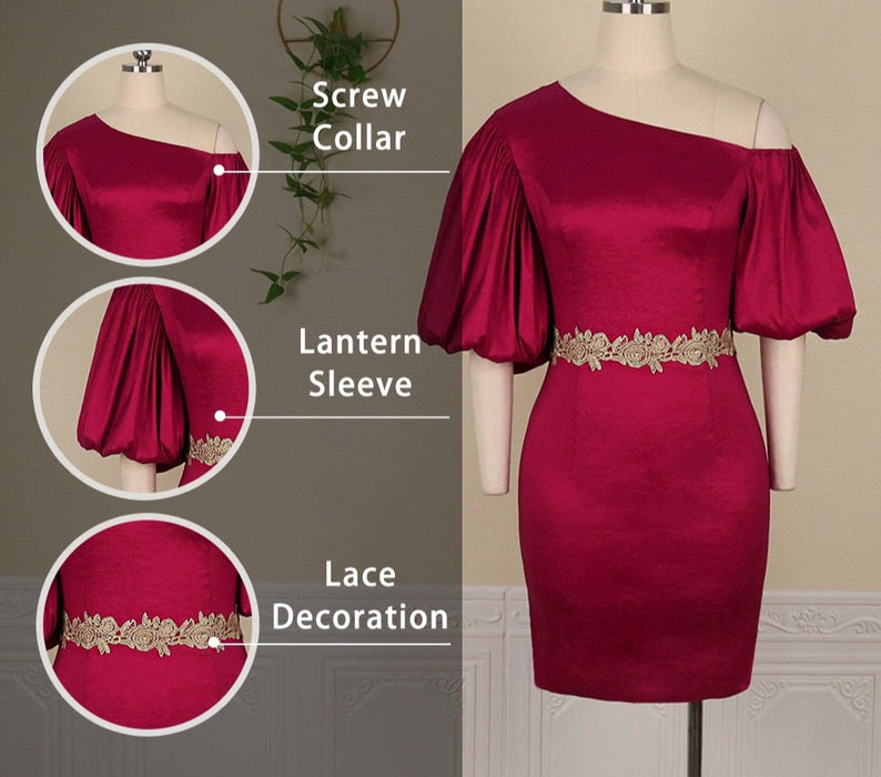 Dresses Women Dress Bodycon Party Sexy Diagonal Collar Black Big Lantern Sleeve Elegant Event Lady Summer Night Out Female Robes AwsomU