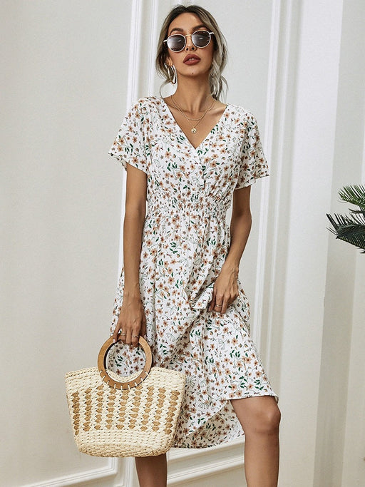 Dresses Women Holiday Short Sleeve V neck Print Dress Summer Casual Elastic Waist Floral Long Dress Elegant White A line Chiffon Dress AwsomU