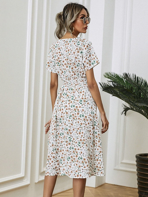 Dresses Women Holiday Short Sleeve V neck Print Dress Summer Casual Elastic Waist Floral Long Dress Elegant White A line Chiffon Dress AwsomU