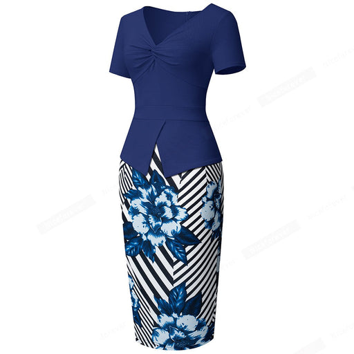 Dresses Women Wear to Work Elegant Low Cut Knotted Floral Print Lady Bodycon Office Pencil Dress Summer Spring AwsomU