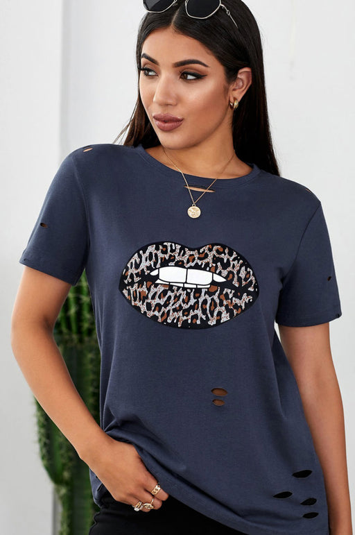 Women's T-Shirt Leopard Lip Distressed T-Shirt AwsomU