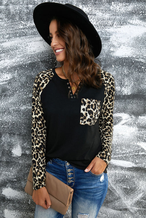 Women's T-Shirt Leopard Print Grommet Long Sleeve Tee AwsomU