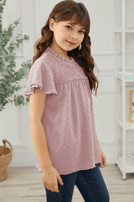 Girls Swiss Dot Smocked Flutter Sleeve Blouse