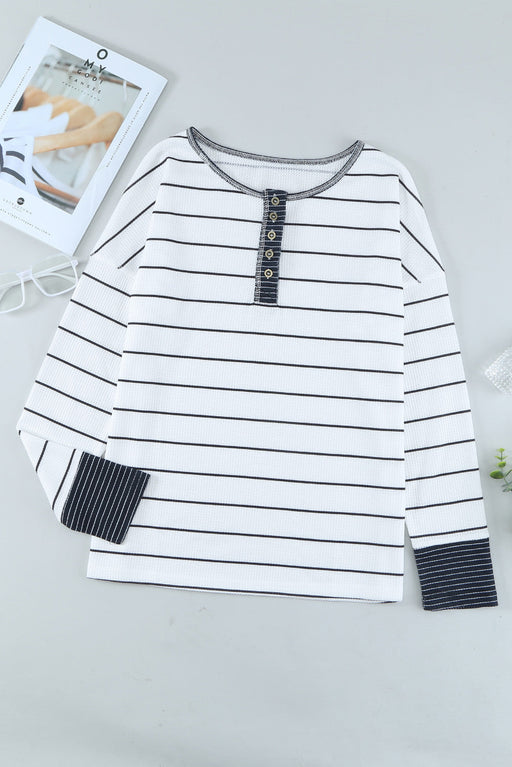 Women's T-Shirt Striped Waffle Knit Henley Long Sleeve Top AwsomU