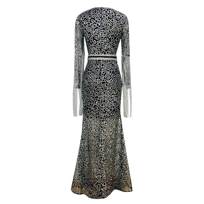 Dresses Women Tassel Solid Color Long Sleeve Sequin Long Full Dress AwsomU