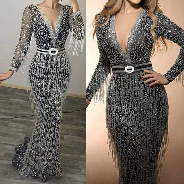 Dresses Women Tassel Solid Color Long Sleeve Sequin Long Full Dress AwsomU