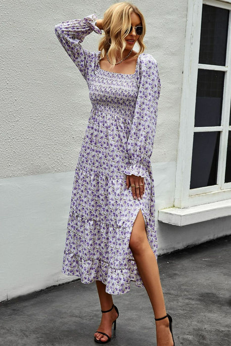 Floral Smocked Square Neck Slit Midi Dress