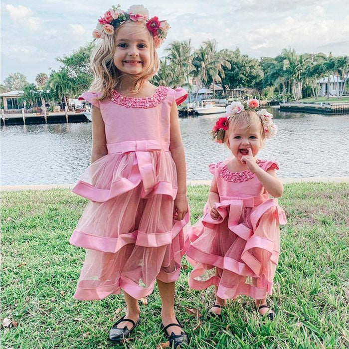 Girl's Clothing Girls Pearl Beaded Mesh Layered Dress Elegant New Year Princess Children Party Dress Wedding Gown Dresses AwsomU